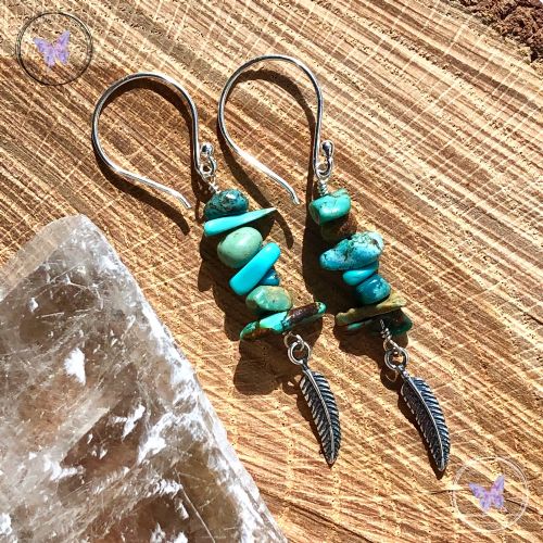 Turquoise Silver Feather Earrings